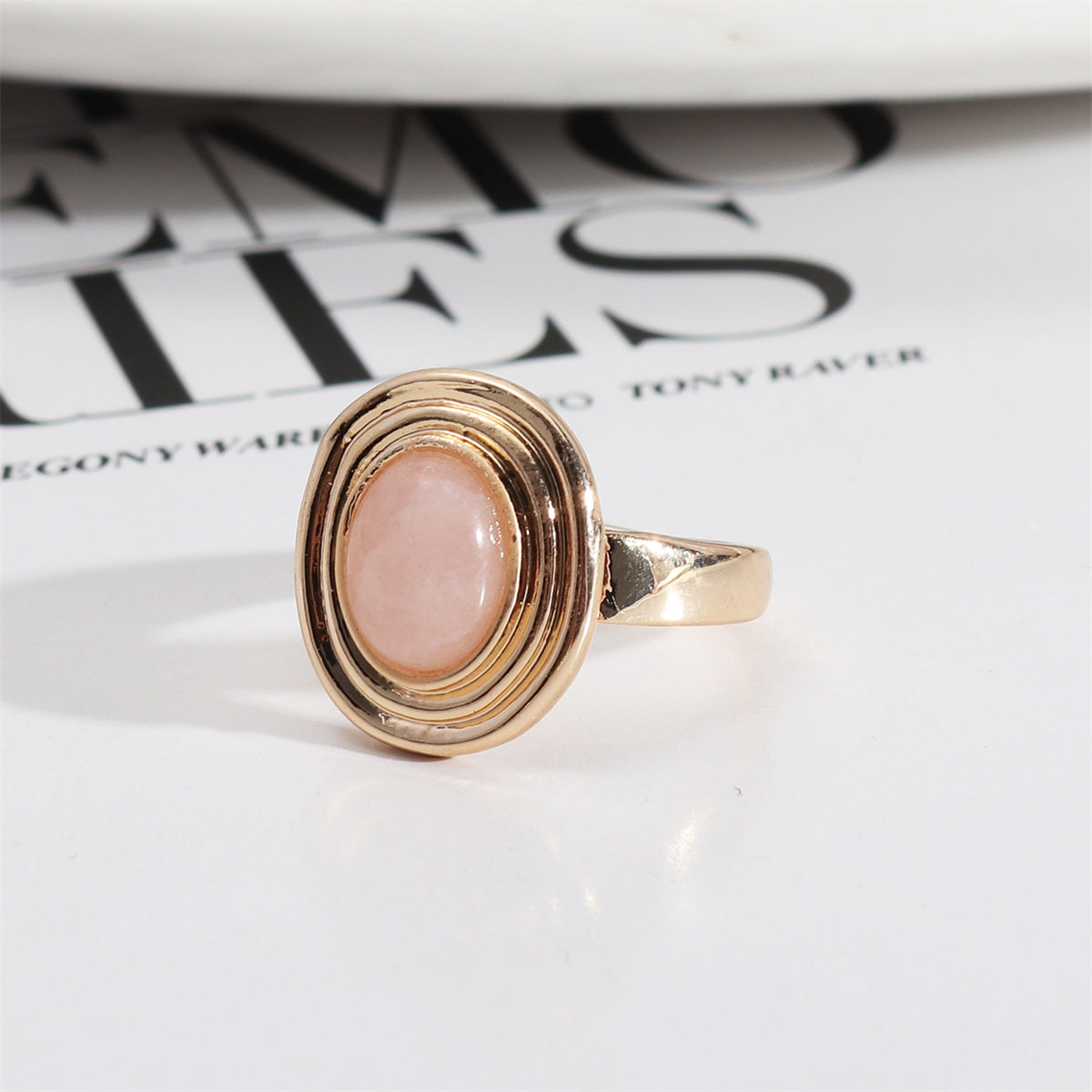 Pink Quartz and 18K Gold-Plated Oval-Cut Layered Ring, gold statement rings for women, everyday style, front view