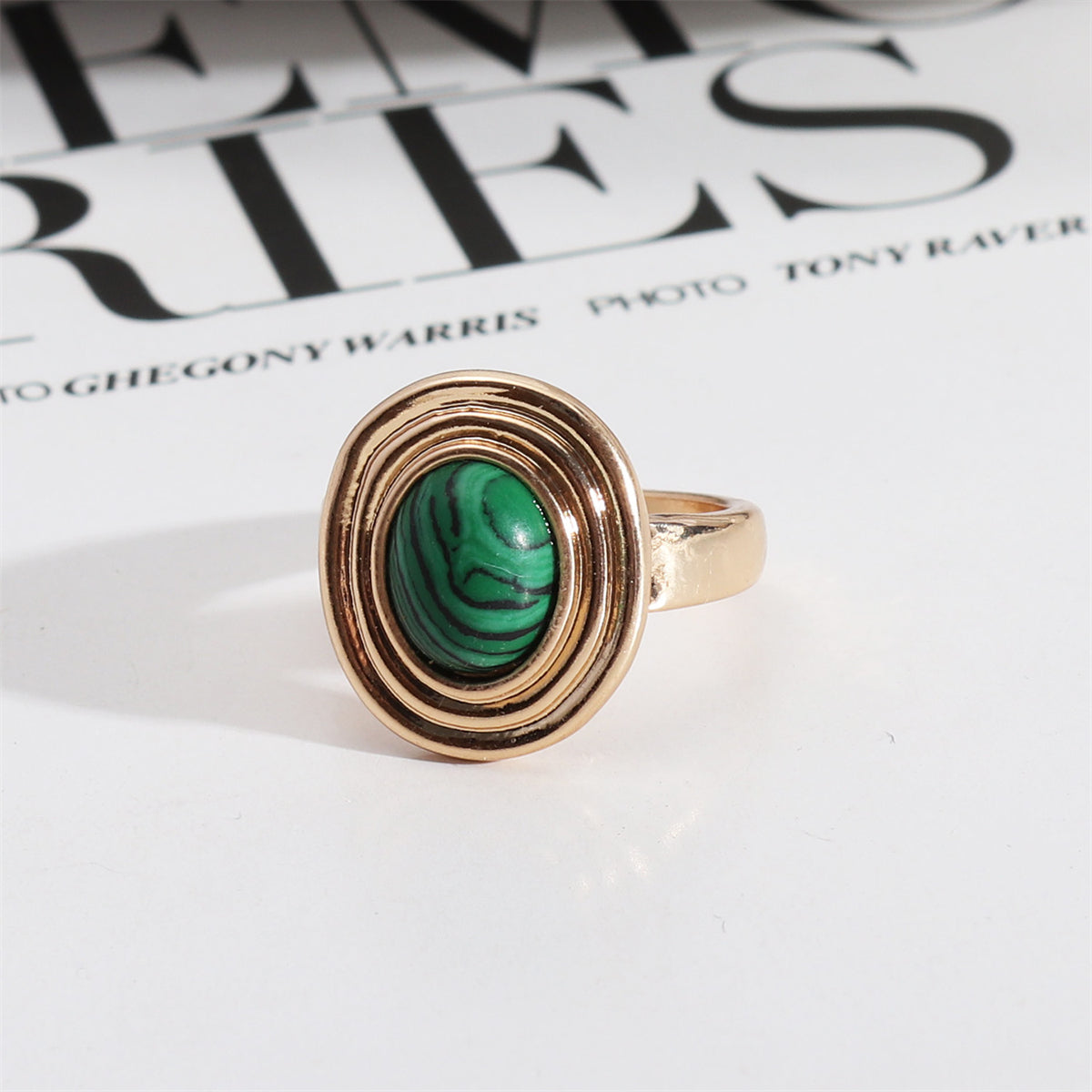 Malachite and 18K Gold-Plated Oval-Cut Layered Ring, gold statement rings for women, everyday style, front view