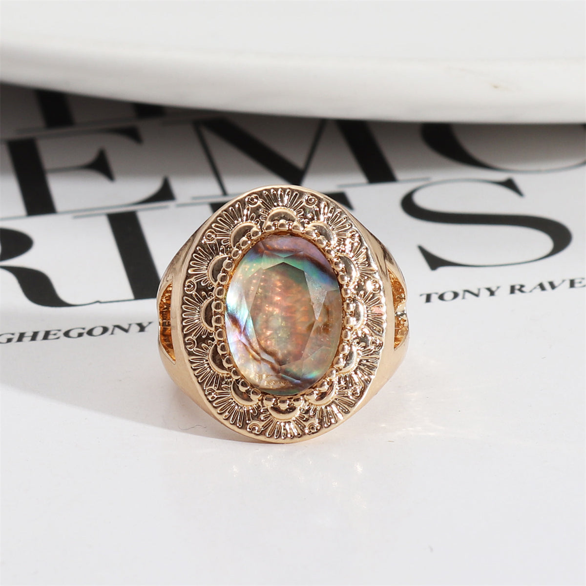 Abalone Shell and Resin 18K Gold-Plated Oval-Cut Ring, gold statement rings for women, dainty minimalist design, side view