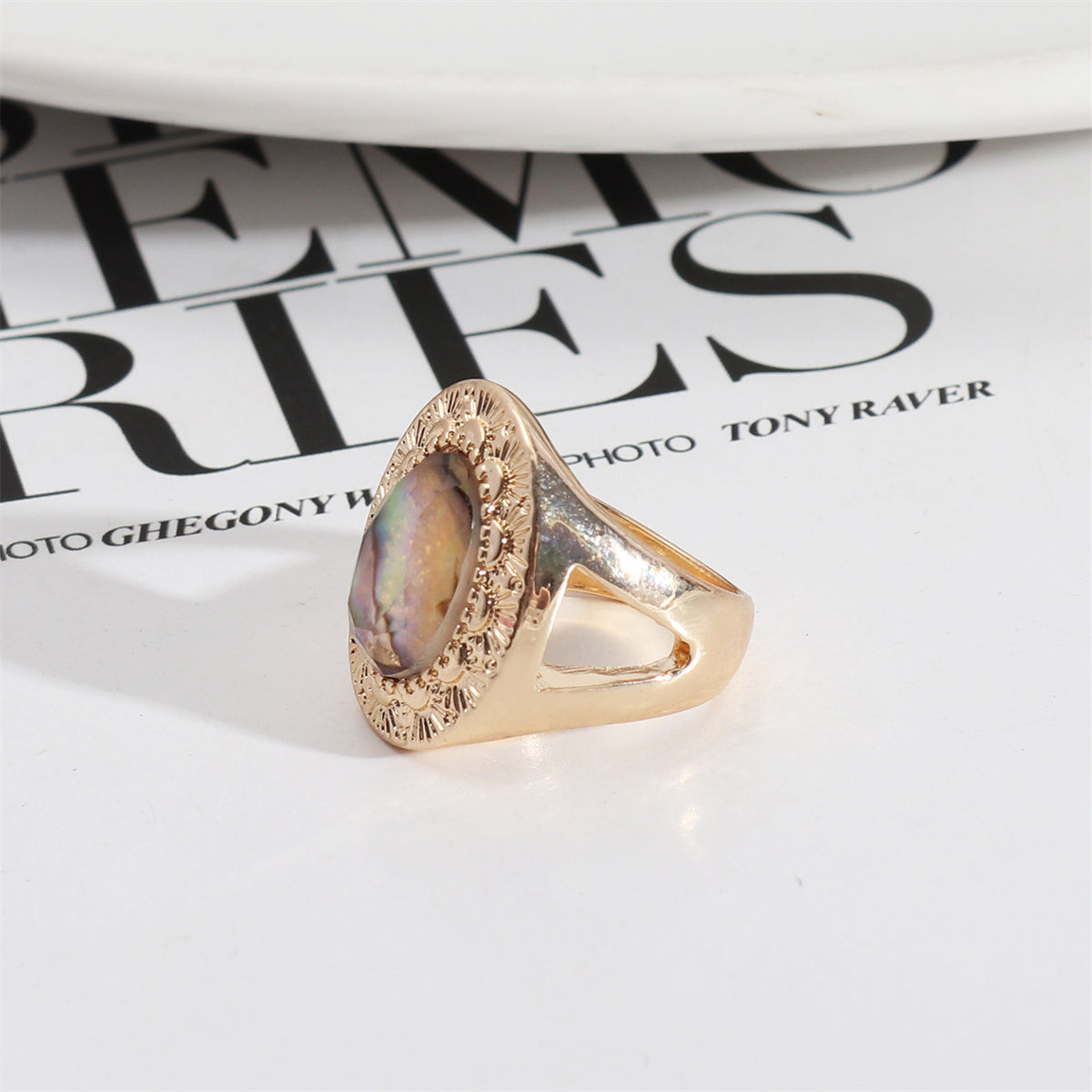 Abalone Shell and Resin 18K Gold-Plated Oval-Cut Ring, gold statement rings for women, lifestyle look