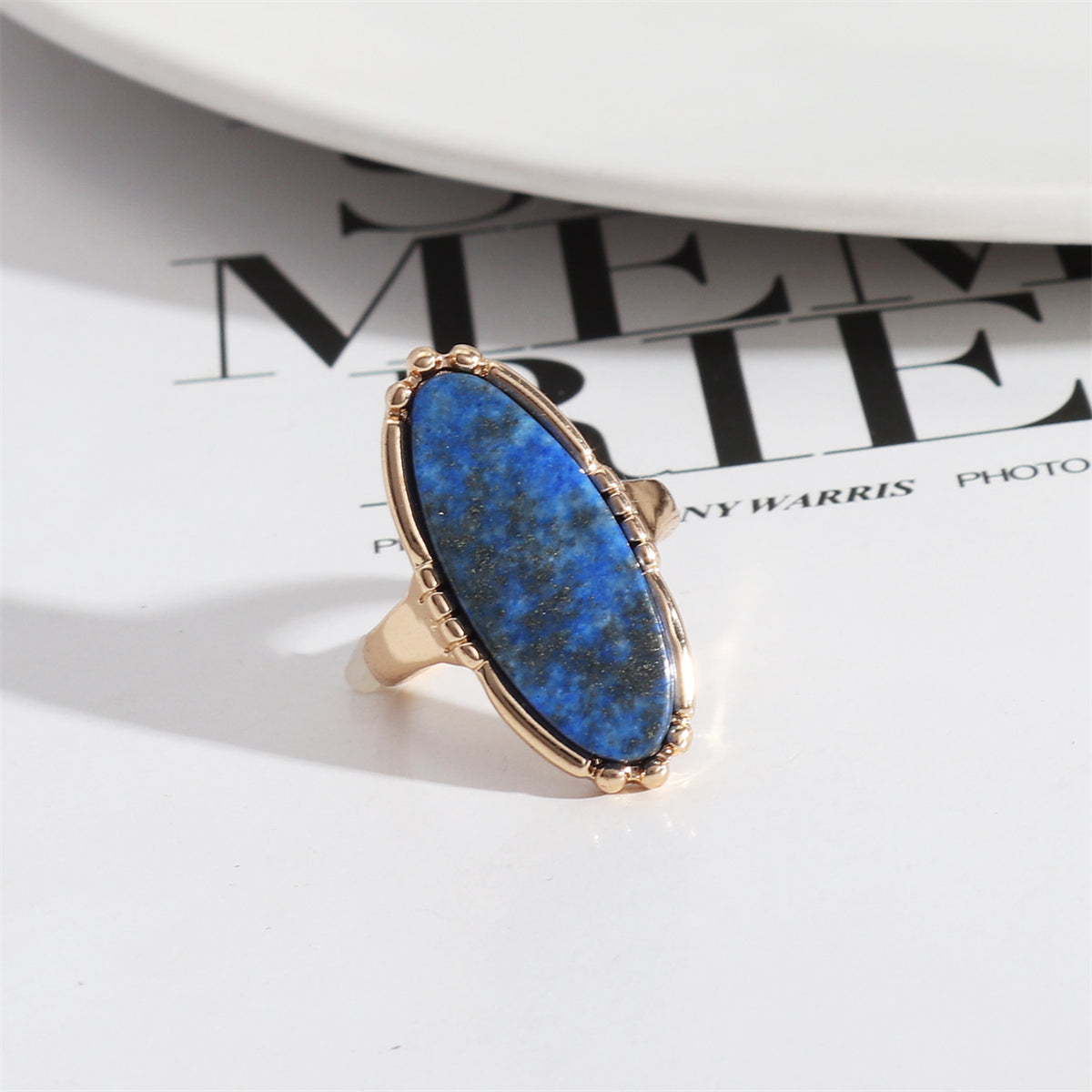 Lapis and 18K Gold-Plated Oval-Cut Ring, gold statement rings for women, botanical inspired, front view