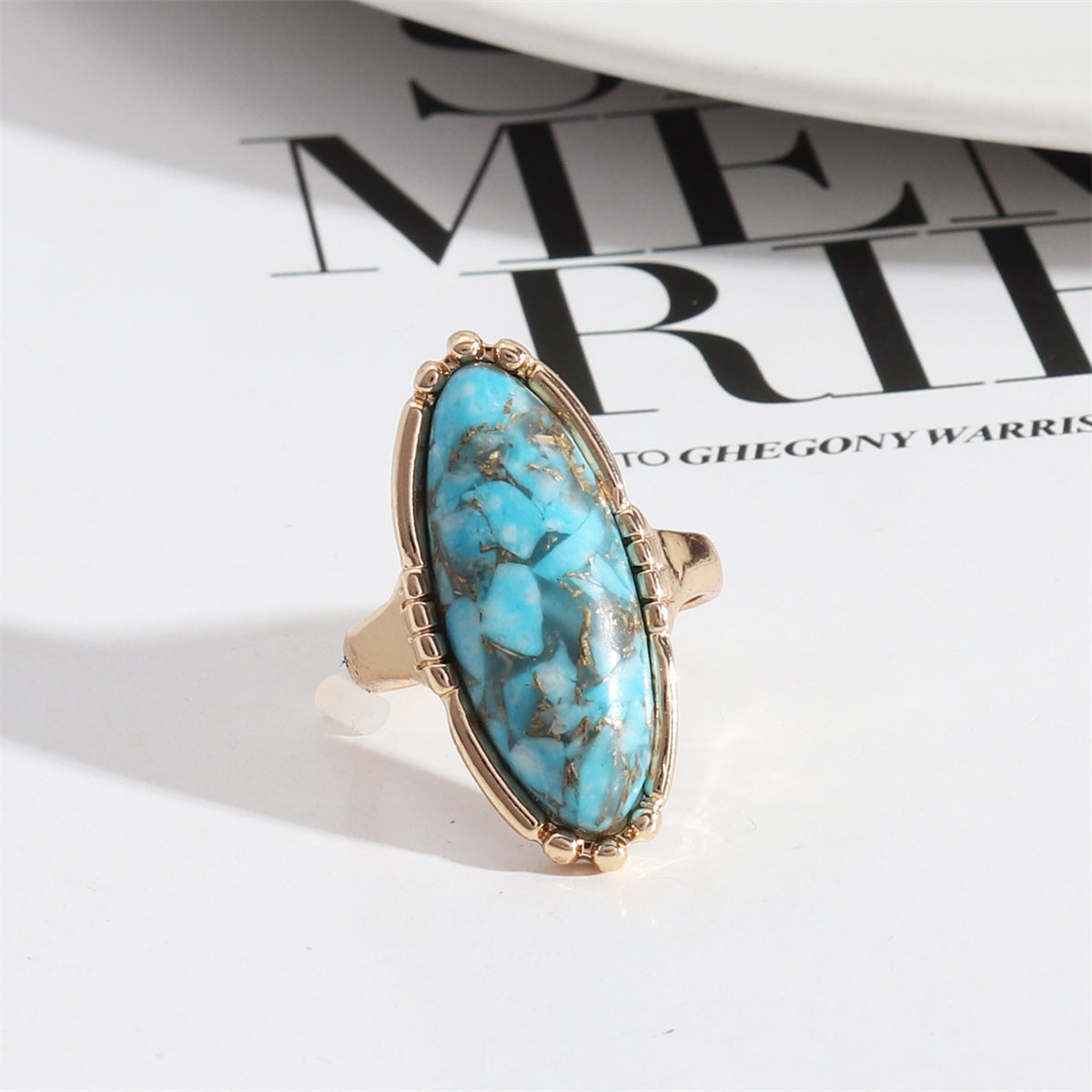 Turquoise and 18K Gold-Plated Oval-Cut Ring, gold statement rings for women, elegant gift for her, front view