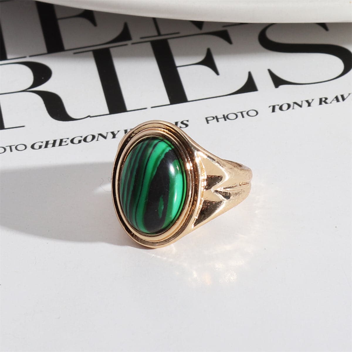 Malachite and 18K Gold-Plated Oval-Cut Ring, gold statement rings for women, dainty minimalist design, front view
