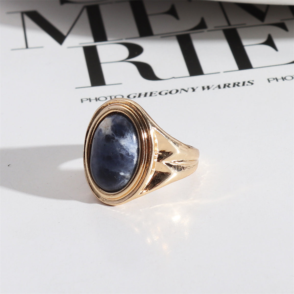 Blue Veinstone and 18K Gold-Plated Oval-Cut Ring, gold statement rings for women, everyday style, front view