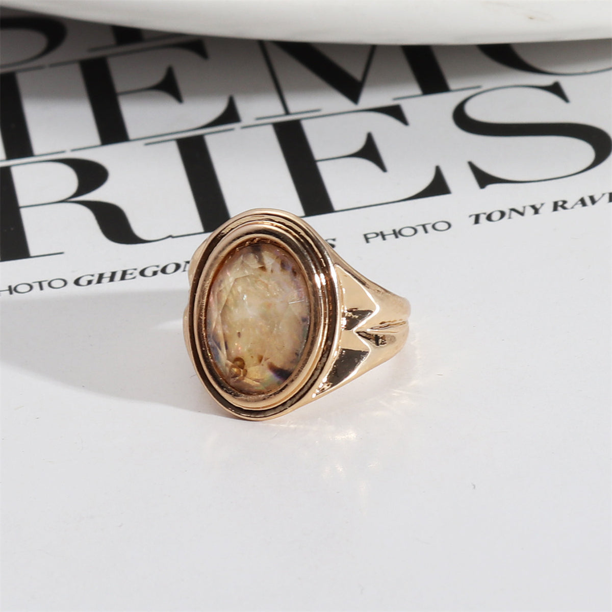 Abalone Shell and Resin 18K Gold-Plated Oval-Cut Ring, gold statement rings for women, elegant gift for her, front view