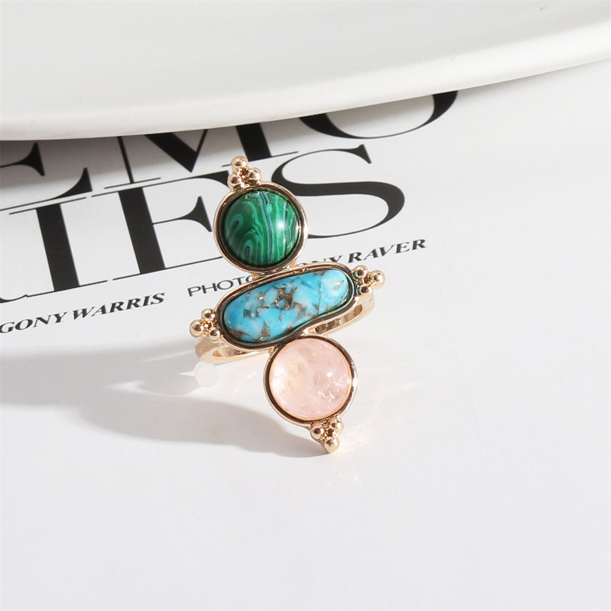 Turquoise and Malachite 18K Gold-Plated Geometric Ring, gold statement rings for women, vintage-inspired design, front view