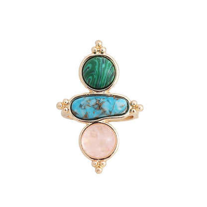 Turquoise and Malachite 18K Gold-Plated Geometric Ring, gold statement rings for women, vintage-inspired design, side view