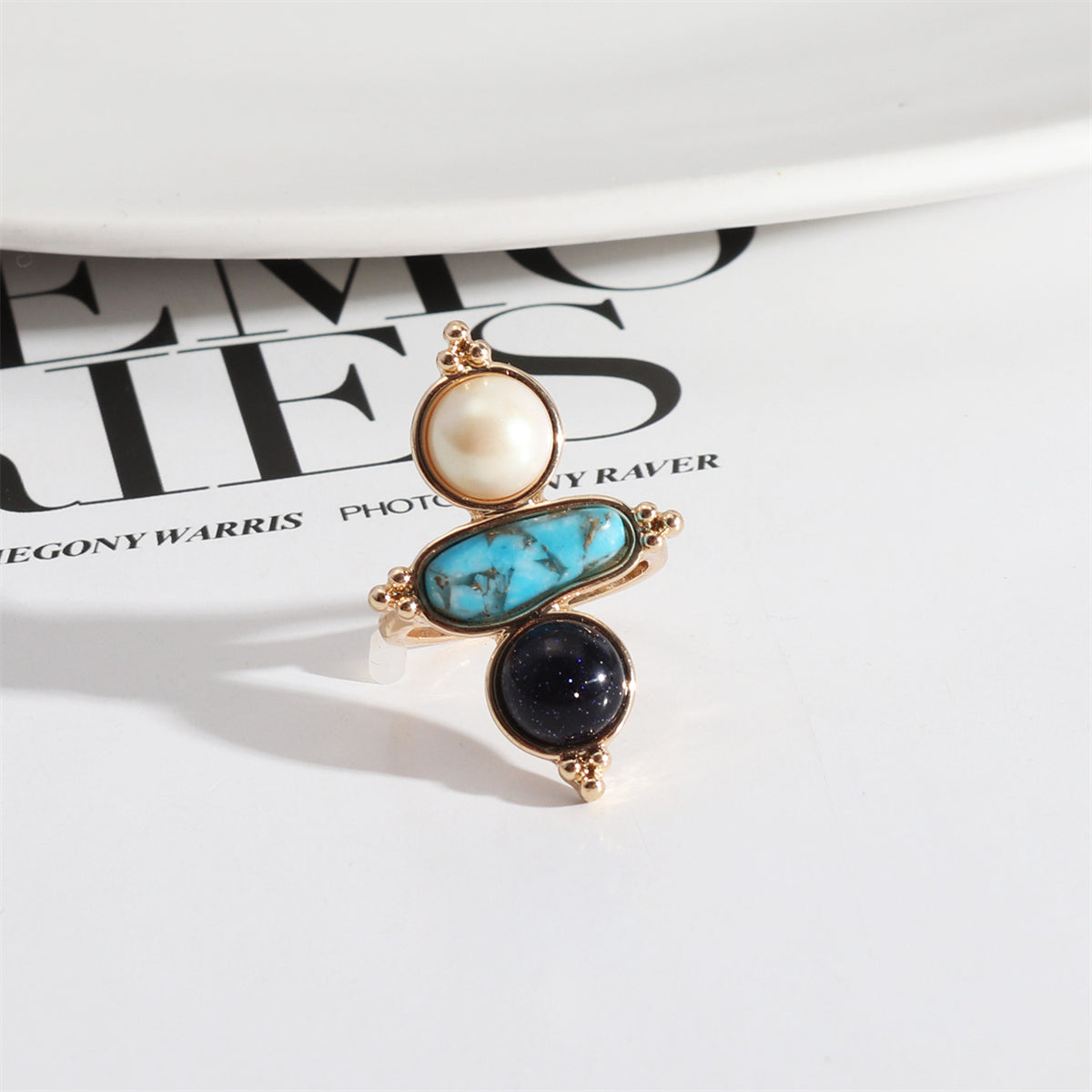 Pearl and Turquoise 18K Gold-Plated Geometric Ring, gold statement rings for women, vintage-inspired design, front view