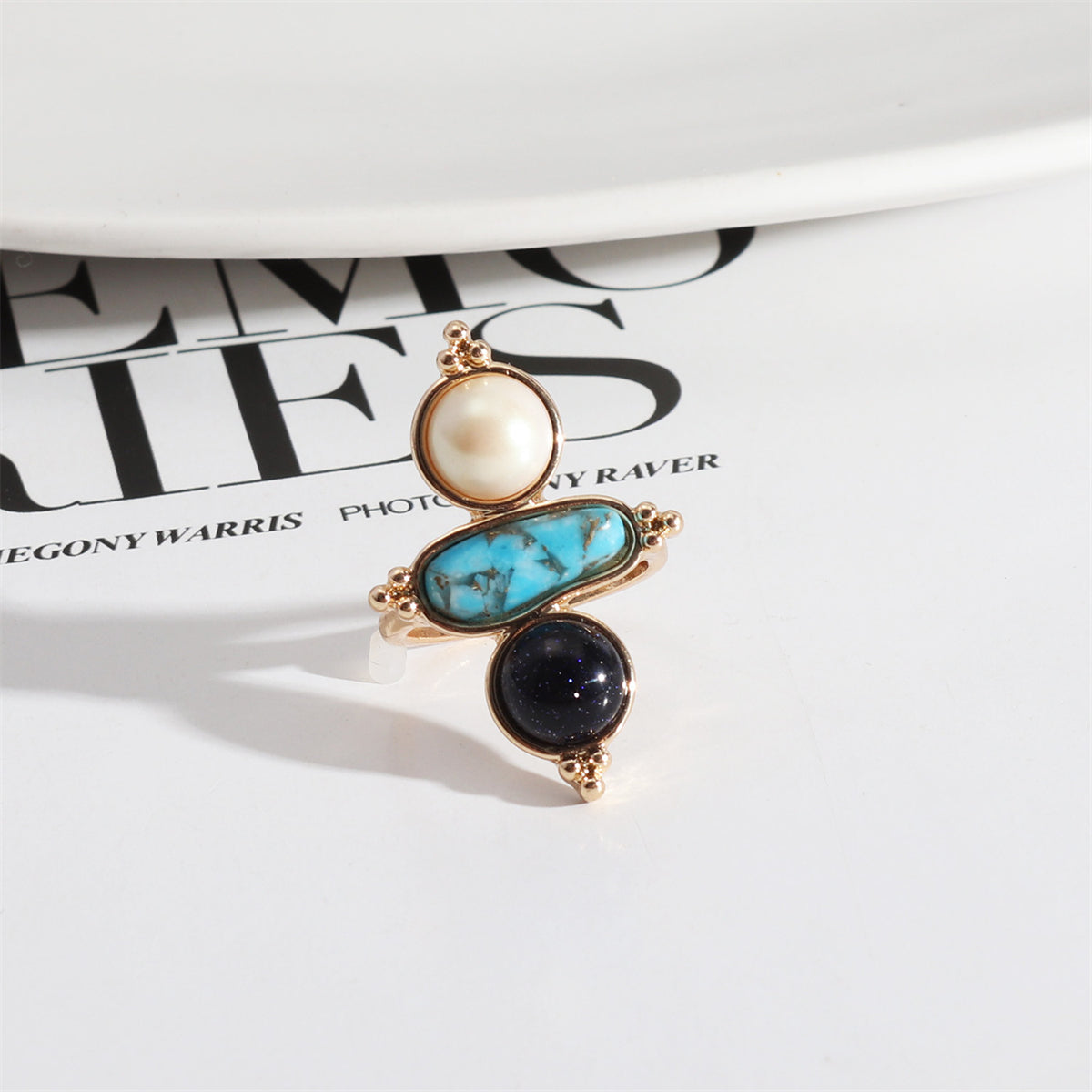 Pearl & Turquoise 18K Gold-Plated Geometric Ring