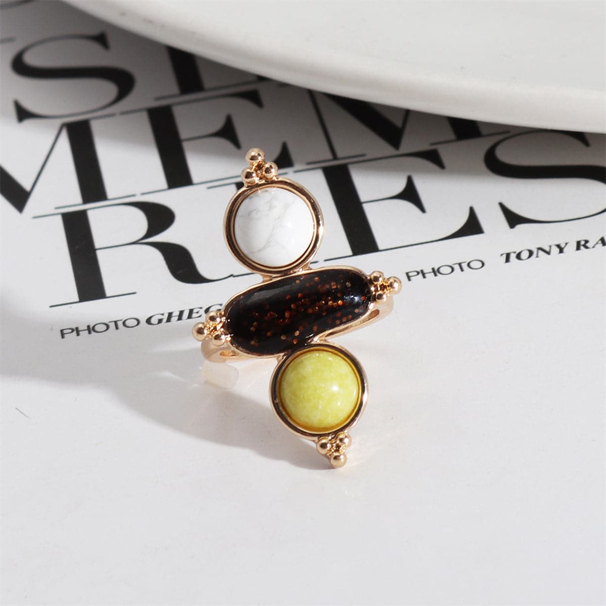 Turquoise and Jade Resin 18K Gold-Plated Geometric Ring, gold statement rings for women, botanical inspired, front view