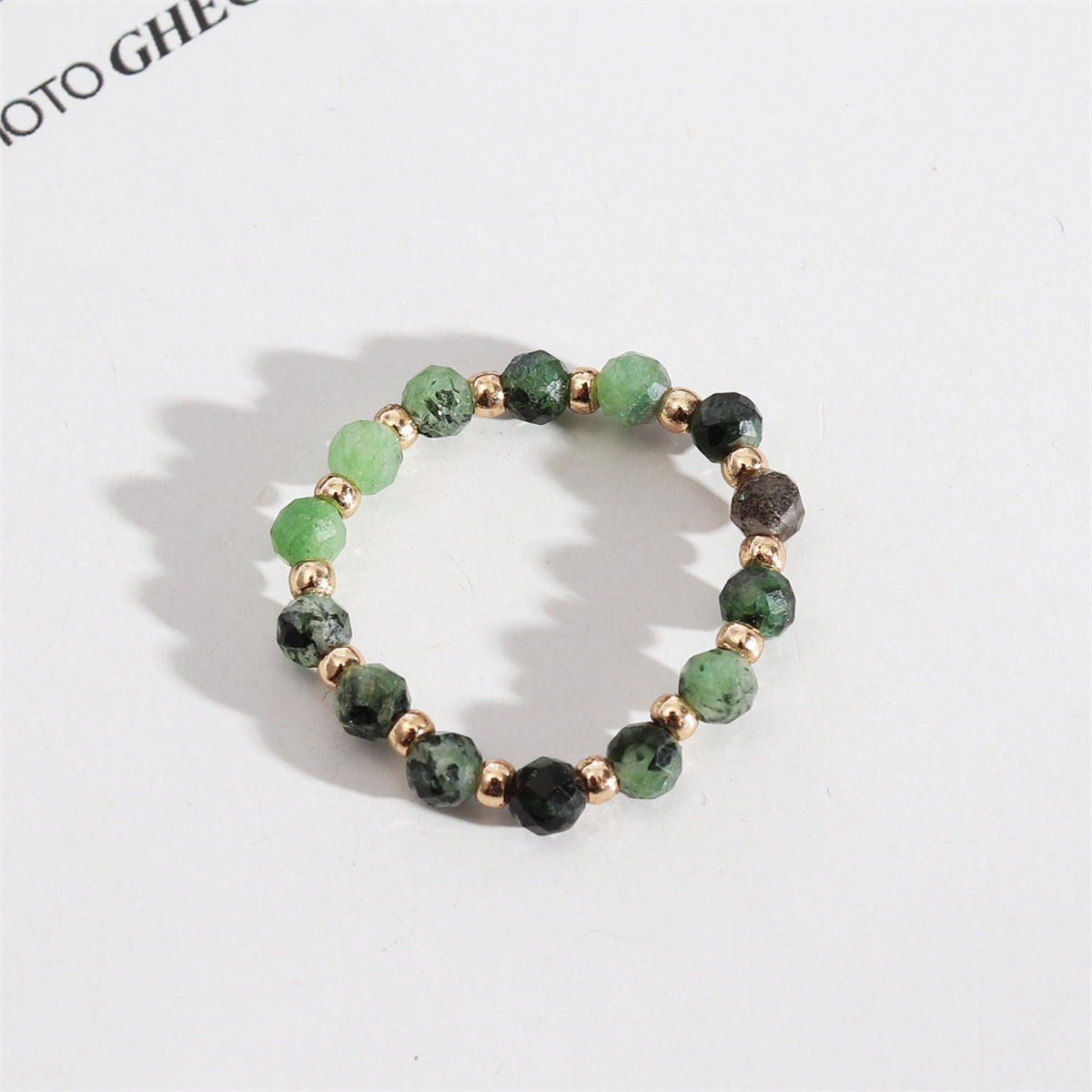 Green Resin and 18K Gold-Plated Stretch Ring, gold statement rings for women, botanical inspired, front view