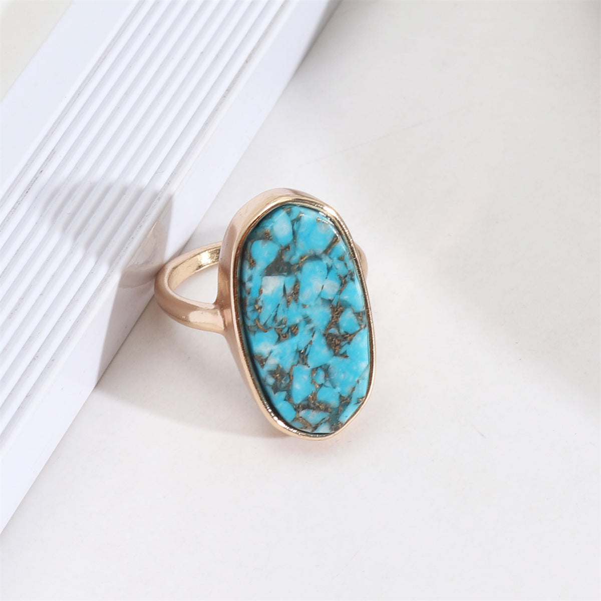 Turquoise and 18K Gold-Plated Oval Ring, gold statement rings for women, everyday style, front view