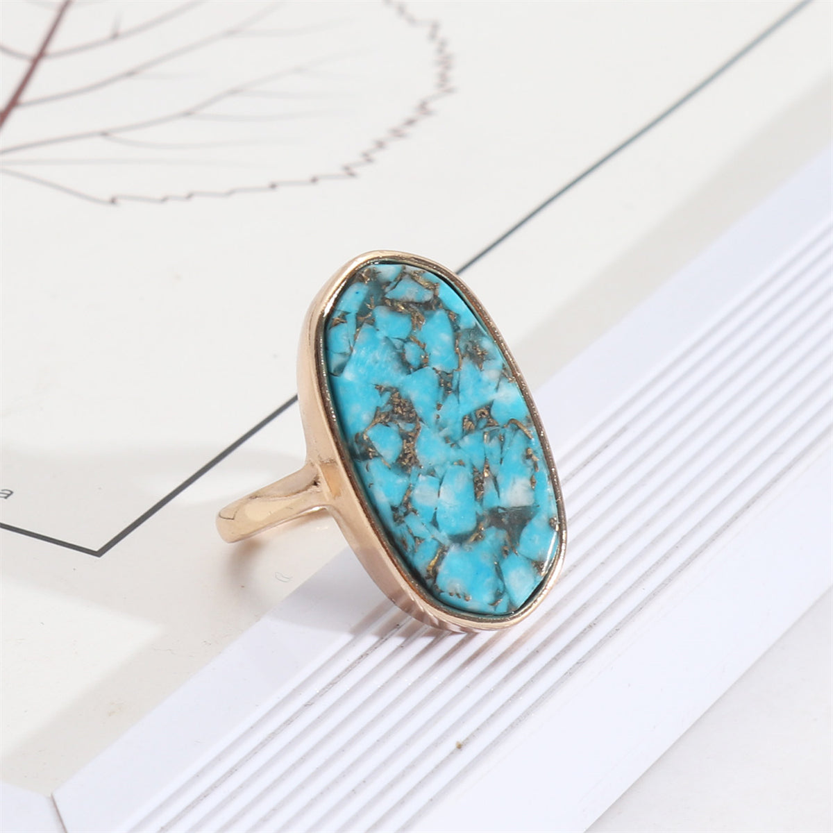 Turquoise and 18K Gold-Plated Oval Ring, gold statement rings for women, everyday style, side view