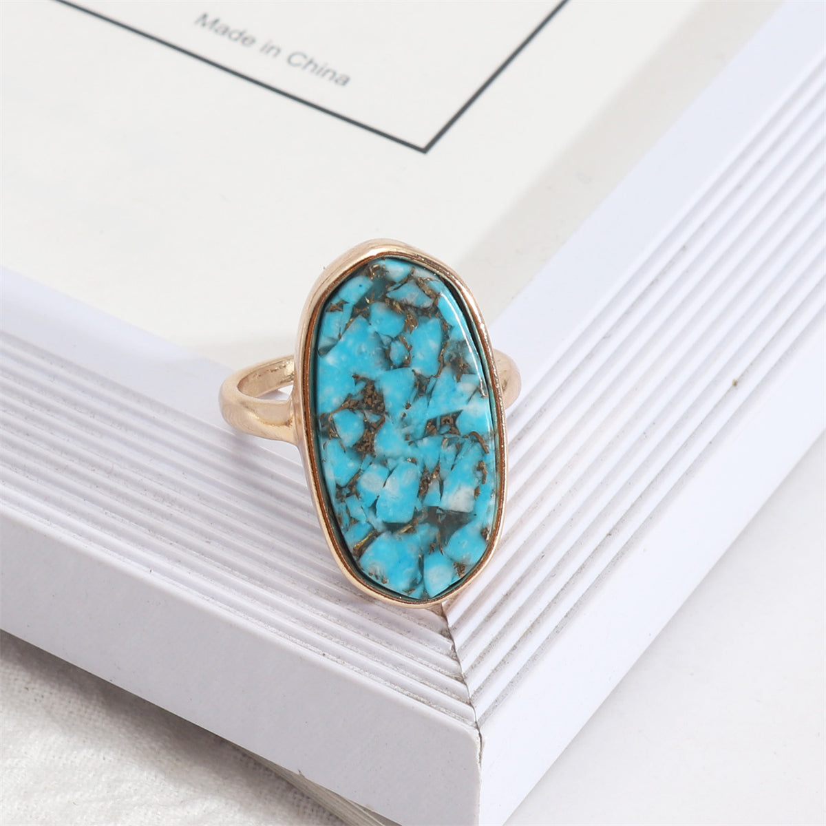 Turquoise and 18K Gold-Plated Oval Ring, gold statement rings for women, everyday style, detail close-up