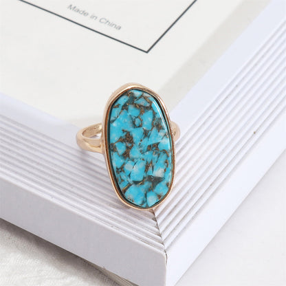 Turquoise and 18K Gold-Plated Oval Ring, gold statement rings for women, everyday style, detail close-up