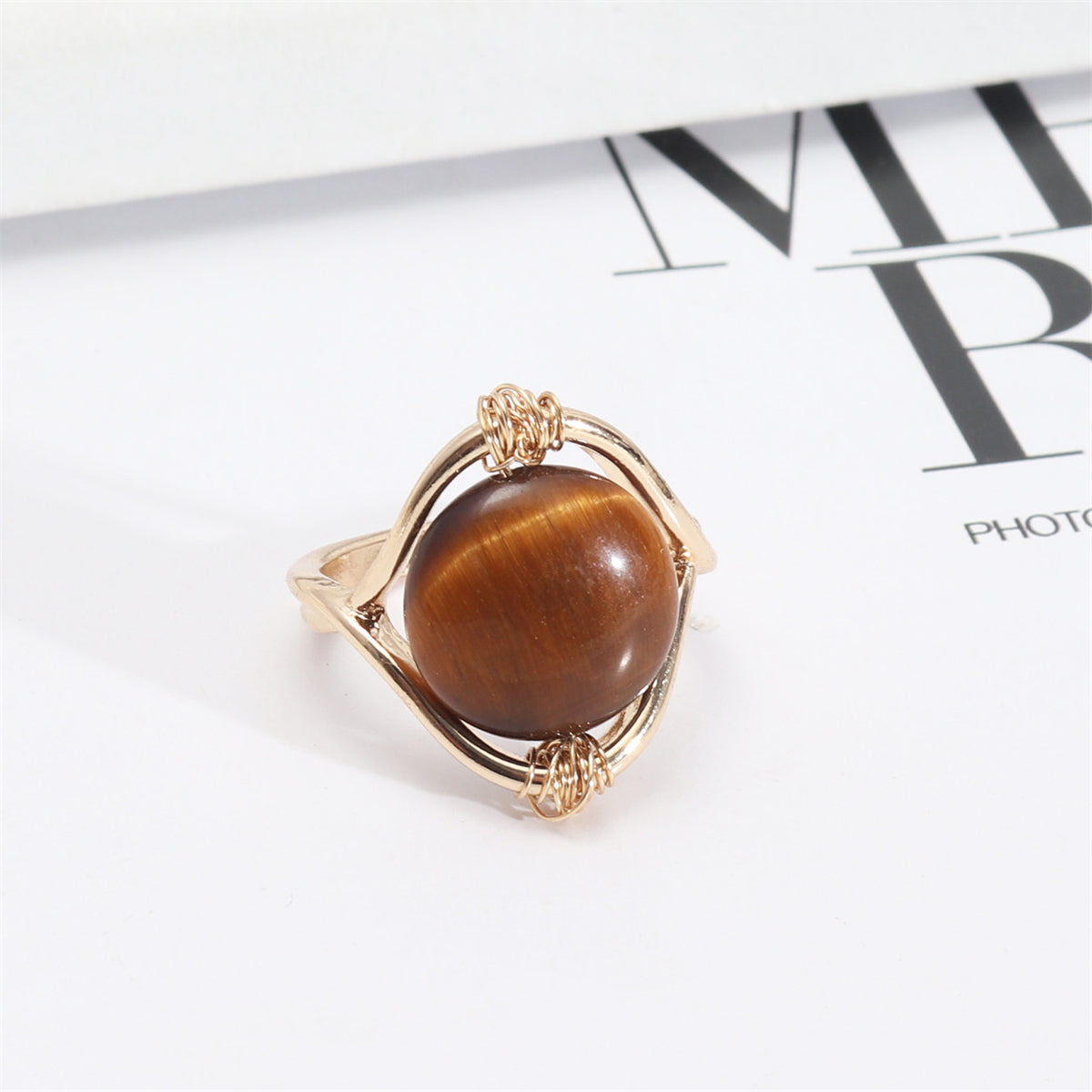 Brown Quartz and 18K Gold-Plated Openwork Round Ring, gold statement rings for women, everyday style, front view