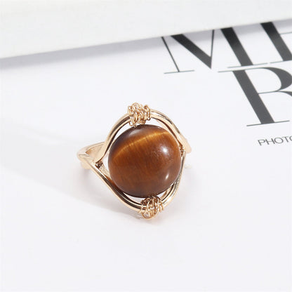 Brown Quartz and 18K Gold-Plated Openwork Round Ring, gold statement rings for women, everyday style, front view