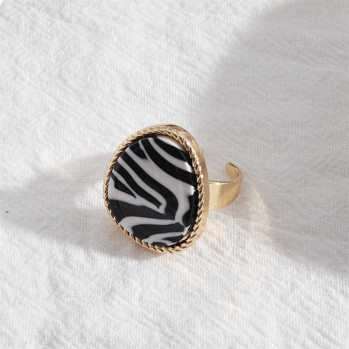 Black Resin and 18K Gold-Plated Zebra-Stripe Triangle Open Ring, gold statement rings for women, side view
