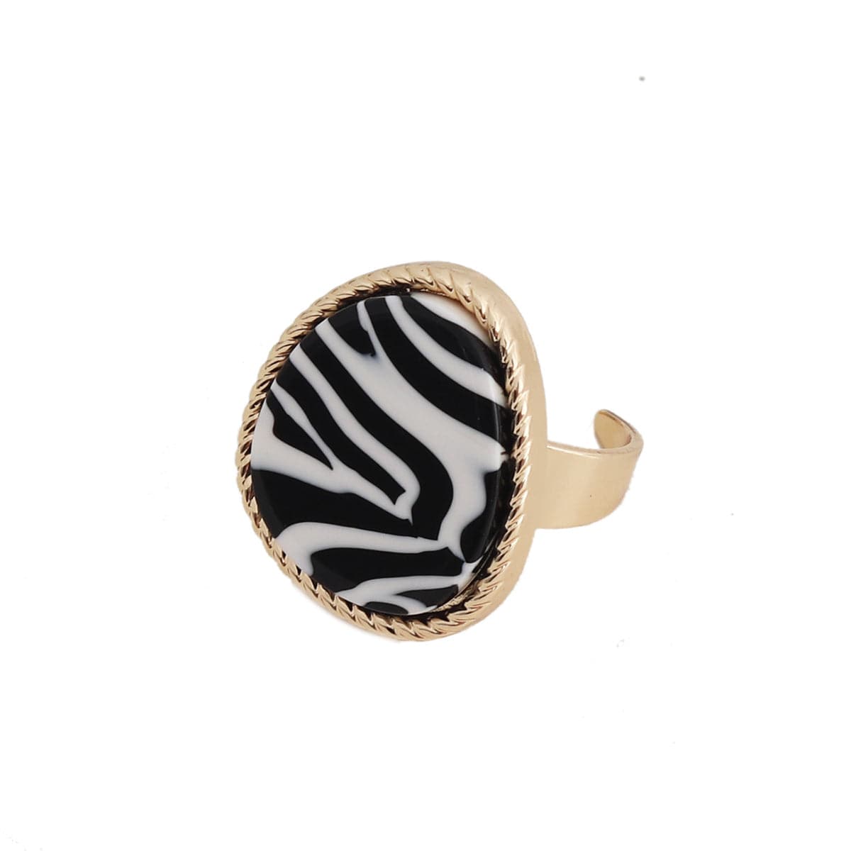 Black Resin and 18K Gold-Plated Zebra-Stripe Triangle Open Ring, gold statement rings for women, front view