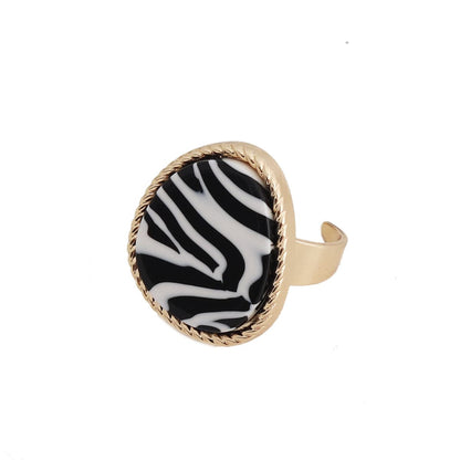 Black Resin and 18K Gold-Plated Zebra-Stripe Triangle Open Ring, gold statement rings for women, front view