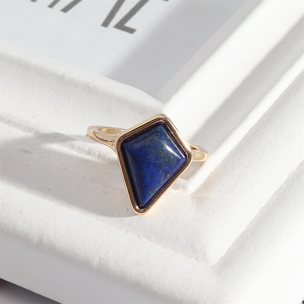 Lapis and 18K Gold-Plated Shield Ring, gold statement rings for women, dainty minimalist design, front view