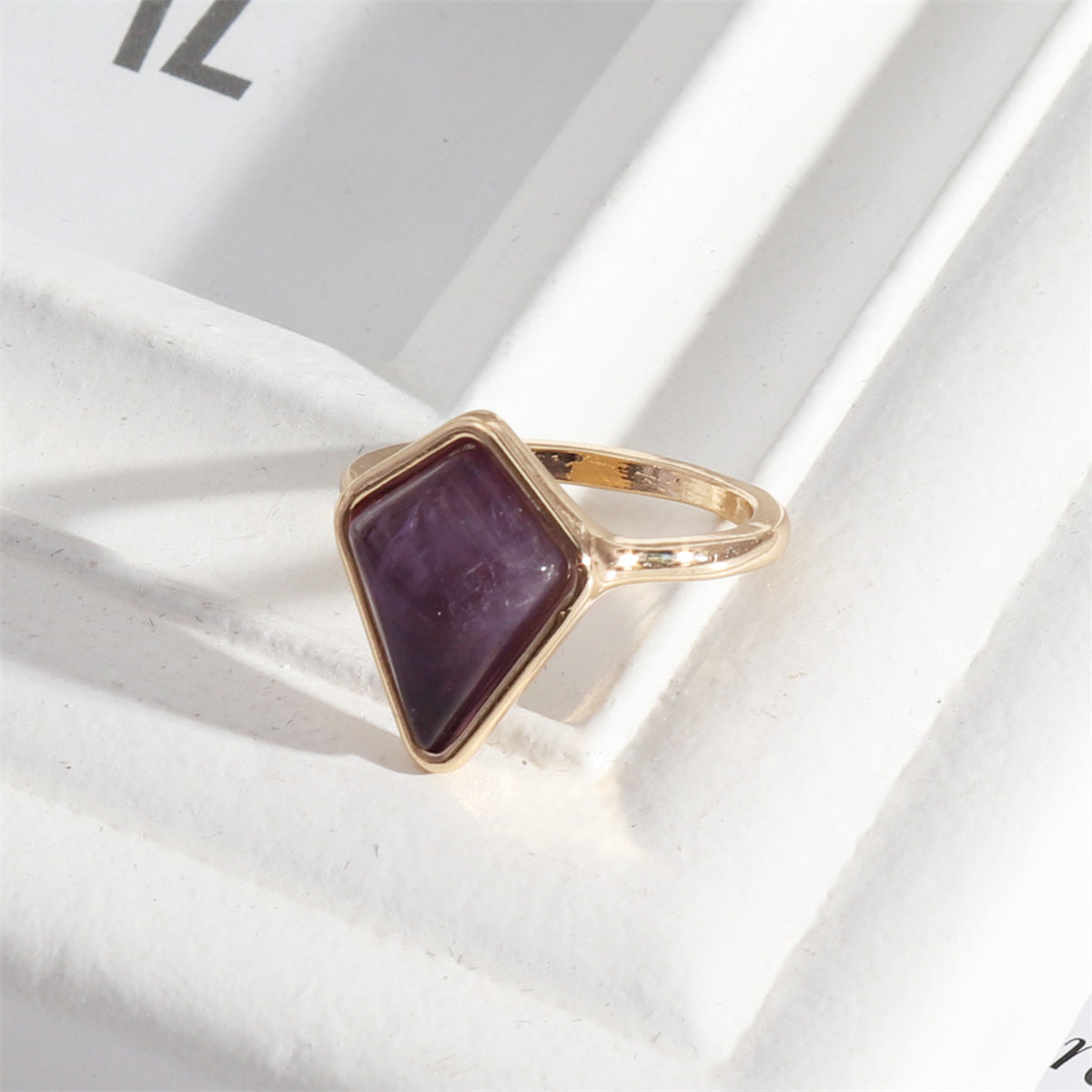 Purple Quartz and 18K Gold-Plated Shield Ring, gold statement rings for women, botanical inspired, front view