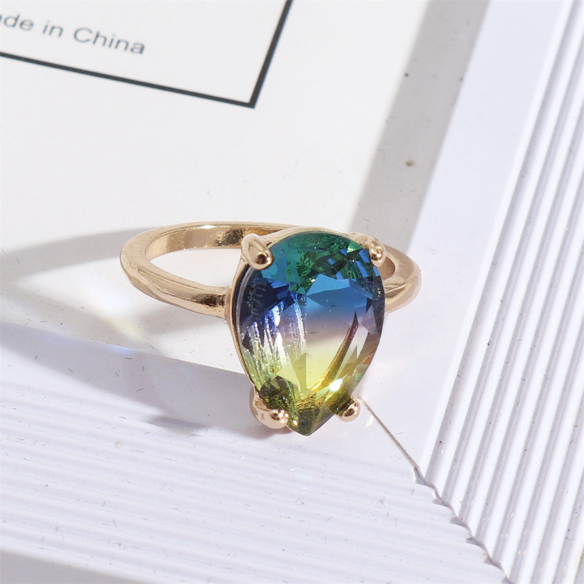 Blue and Yellow Crystal 18K Gold-Plated Drop Ring, gold statement rings for women, elegant gift for her, front view