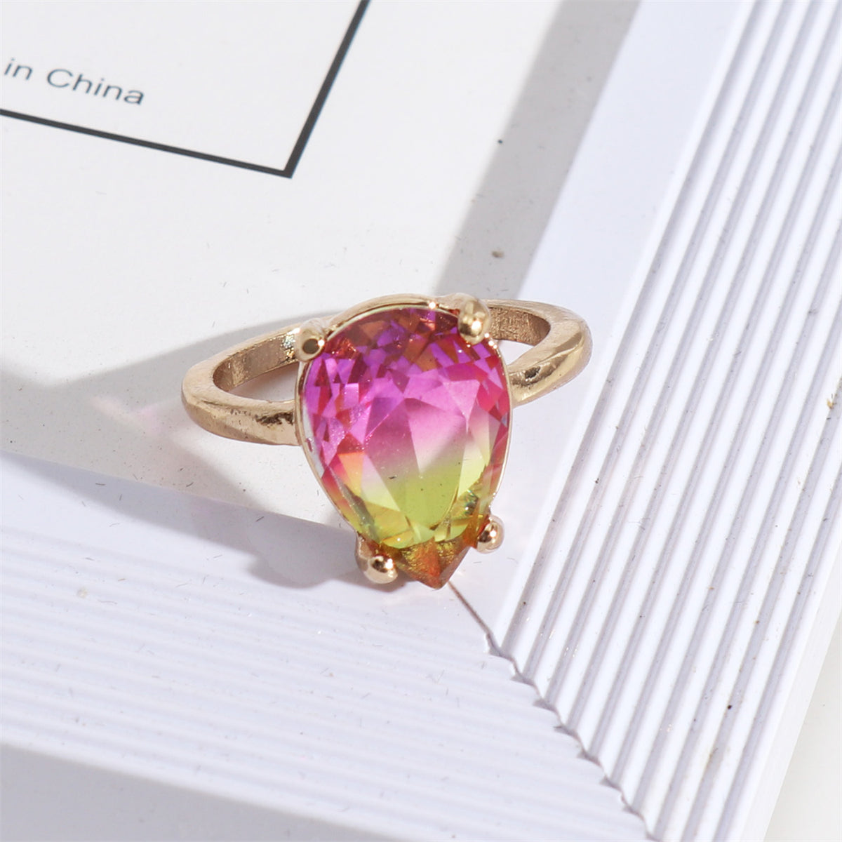 Red and Yellow Crystal 18K Gold-Plated Teardrop Ring, gold statement rings for women, everyday style, front view