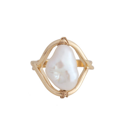 Baroque Pearl and 18K Gold-Plated Framed Ring, gold statement rings for women, vintage-inspired design, front view