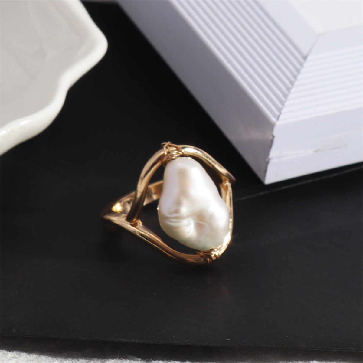 Baroque Pearl and 18K Gold-Plated Framed Ring, gold statement rings for women, vintage-inspired design, detail close-up