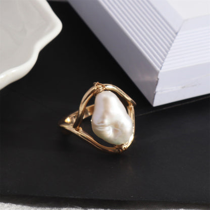 Baroque Pearl and 18K Gold-Plated Framed Ring, gold statement rings for women, vintage-inspired design, detail close-up
