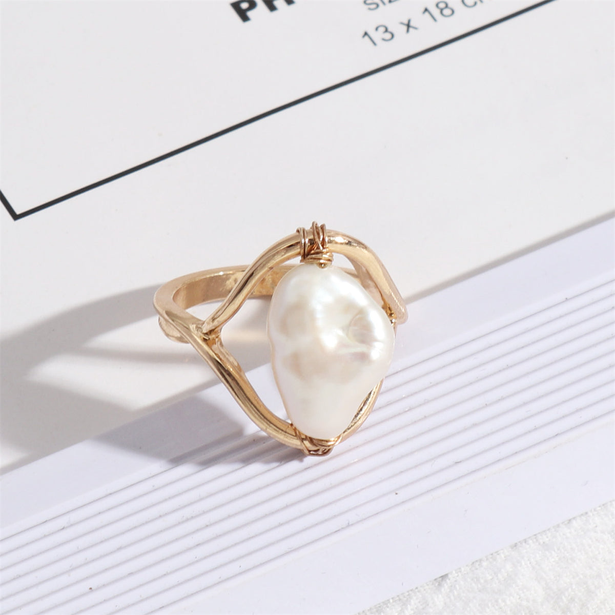 Baroque Pearl and 18K Gold-Plated Framed Ring, gold statement rings for women, vintage-inspired design, lifestyle look