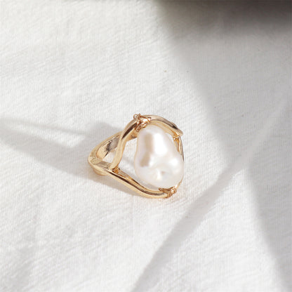 Baroque Pearl and 18K Gold-Plated Framed Ring, gold statement rings for women, vintage-inspired design, styled look
