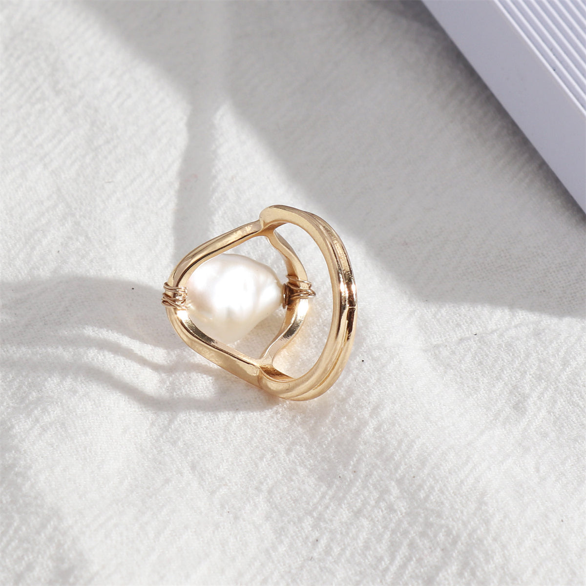 Baroque Pearl and 18K Gold-Plated Framed Ring, gold statement rings for women, vintage-inspired design, side view