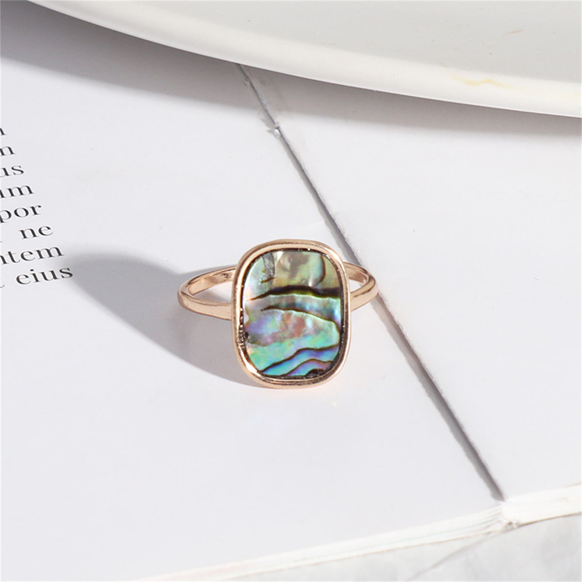 Abalone Shell and 18K Gold-Plated Bezel-Set Cushion Ring, gold statement rings for women, botanical inspired, front view
