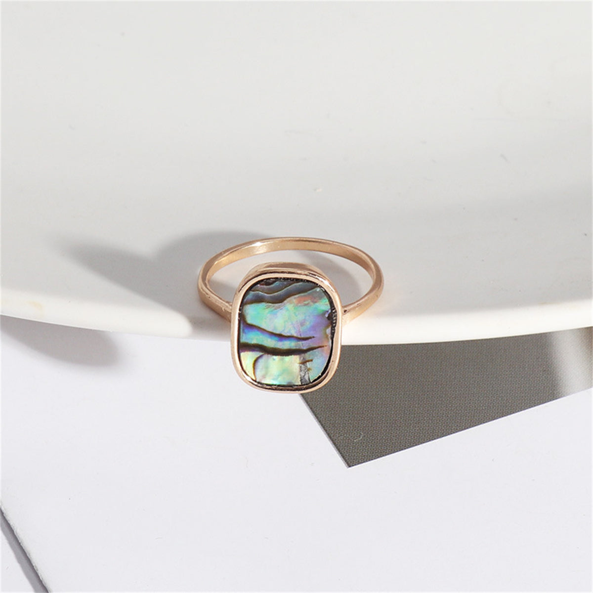 Abalone Shell and 18K Gold-Plated Bezel-Set Cushion Ring, gold statement rings for women, botanical inspired, side view