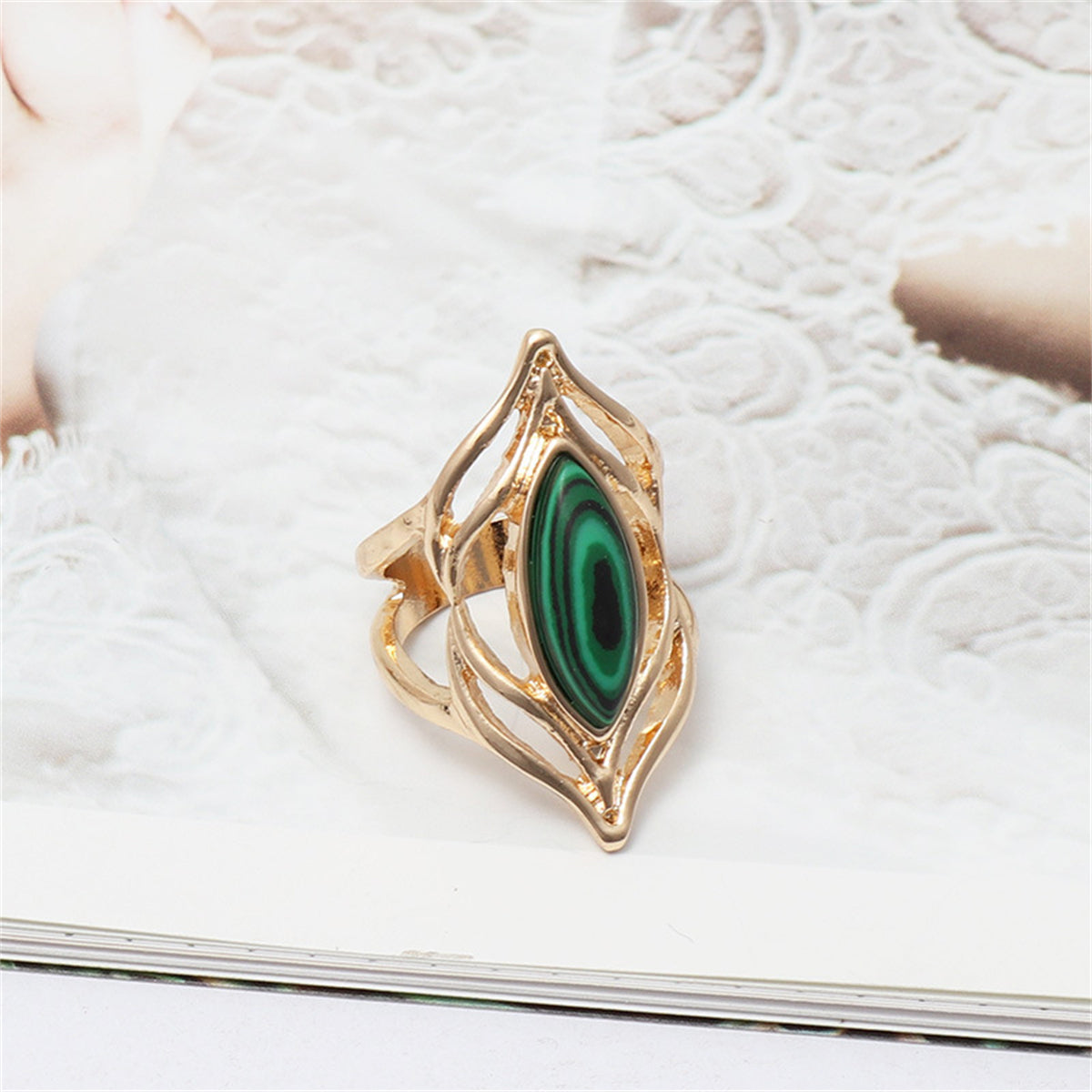 Malachite and 18K Gold-Plated Eye Ring, gold statement rings for women, vintage-inspired design, front view
