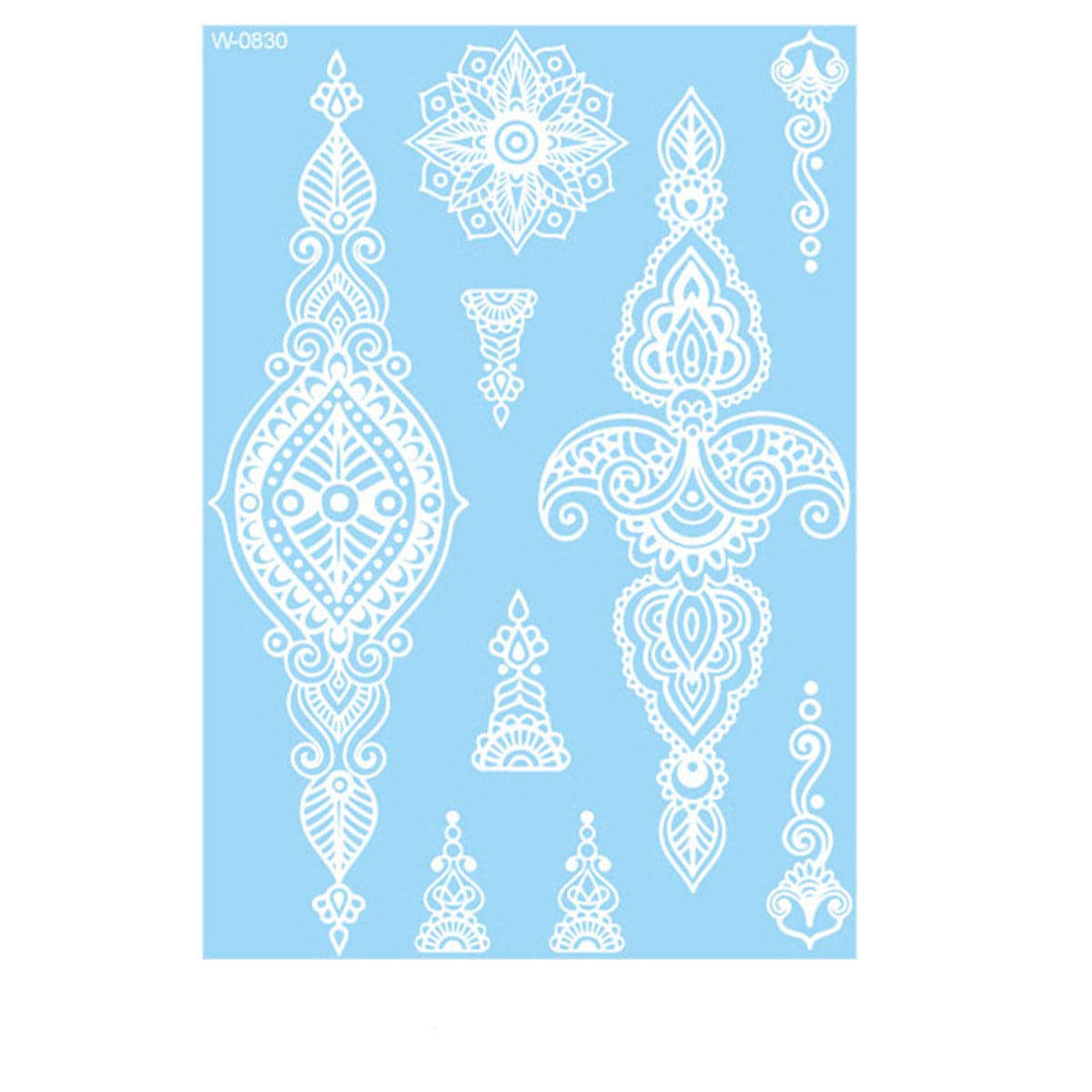 White Lace Paisley Floral Temporary Tattoo Set - 5 Pcs, vintage-inspired design, front view