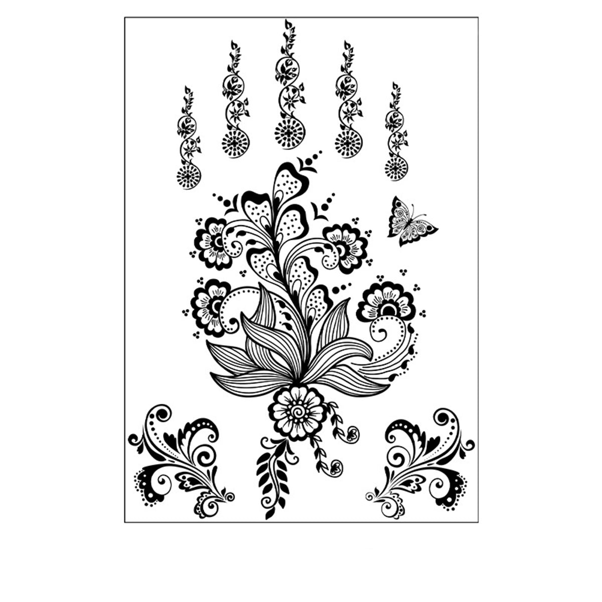 Black Lace-Print Botanical Temporary Tattoo Set - 5 Pcs, dainty minimalist design, front view