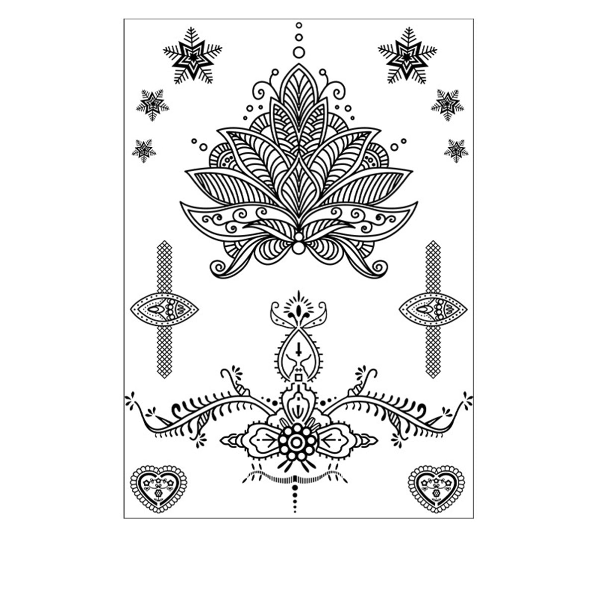 Black Floral Snowflake Temporary Tattoos-Set Of 5, dainty minimalist design, front view