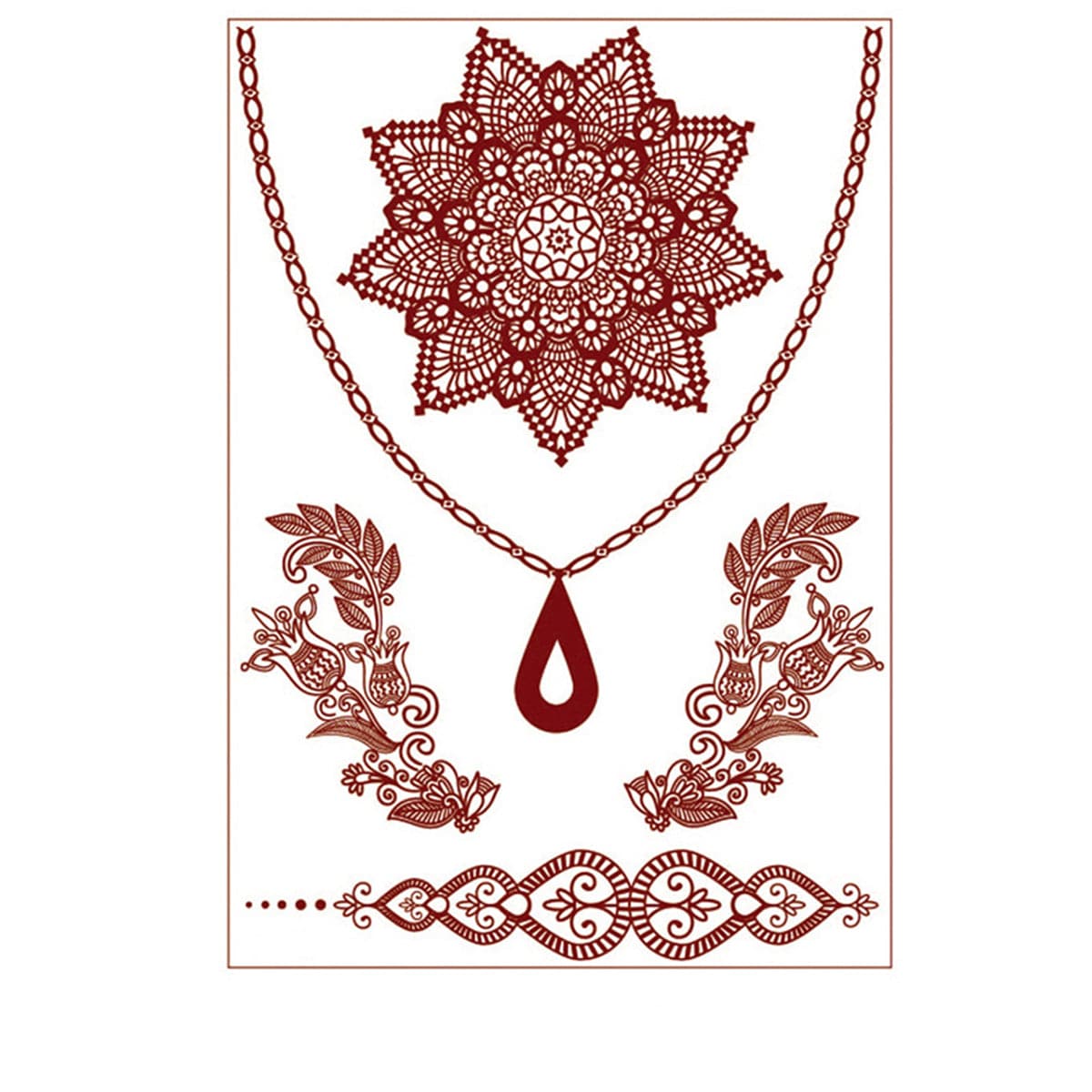 Red Mandala Teardrop Pendant Temporary Tattoo Set - 5 Pcs, botanical inspired, front view