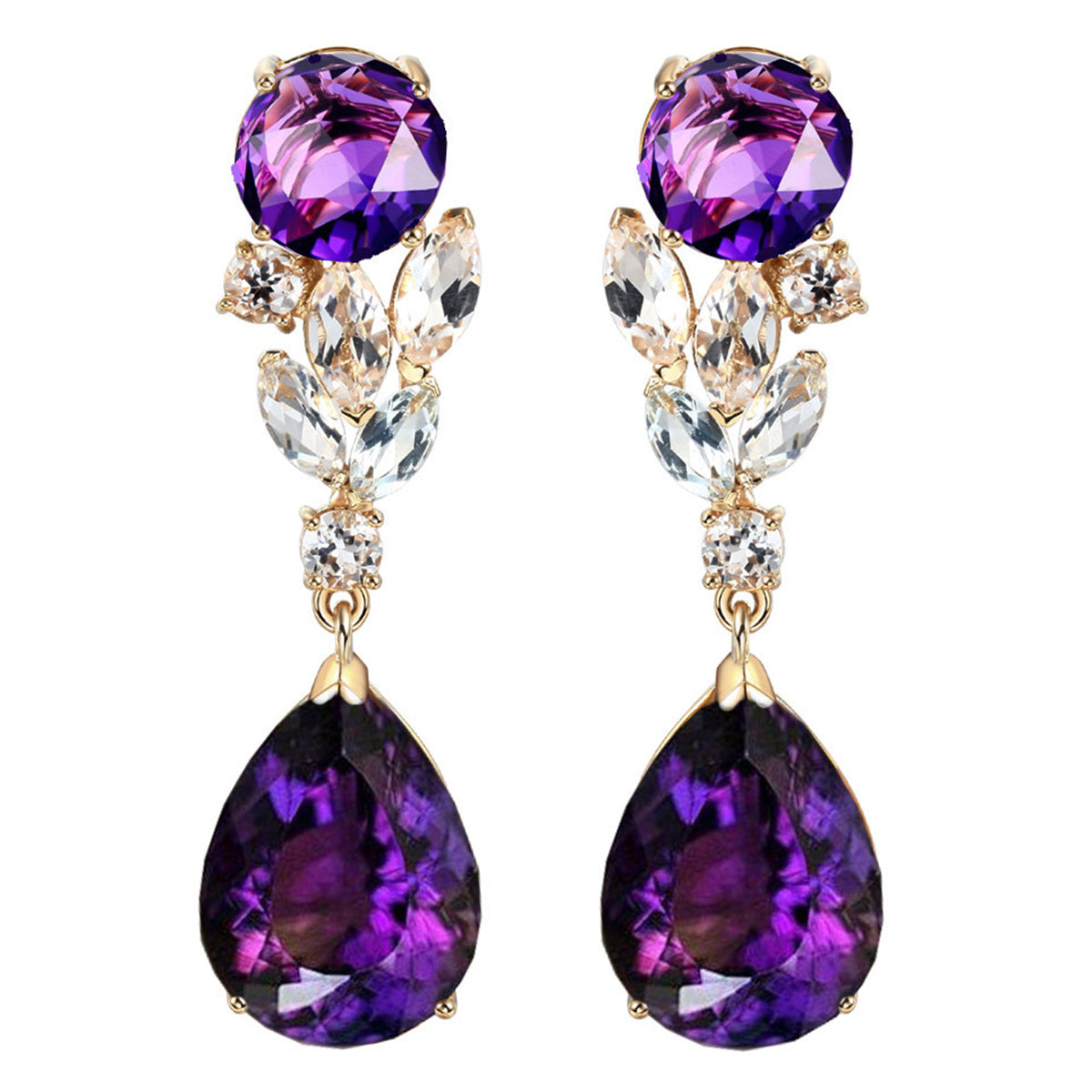 Purple Crystal and 18K Gold-Plated Pear Drop Earrings, gold drop earrings for women, everyday style, front view