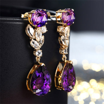 Purple Crystal and 18K Gold-Plated Pear Drop Earrings, gold drop earrings for women, everyday style, side view