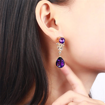 Purple Crystal and 18K Gold-Plated Pear Drop Earrings, gold drop earrings for women, everyday style, detail close-up