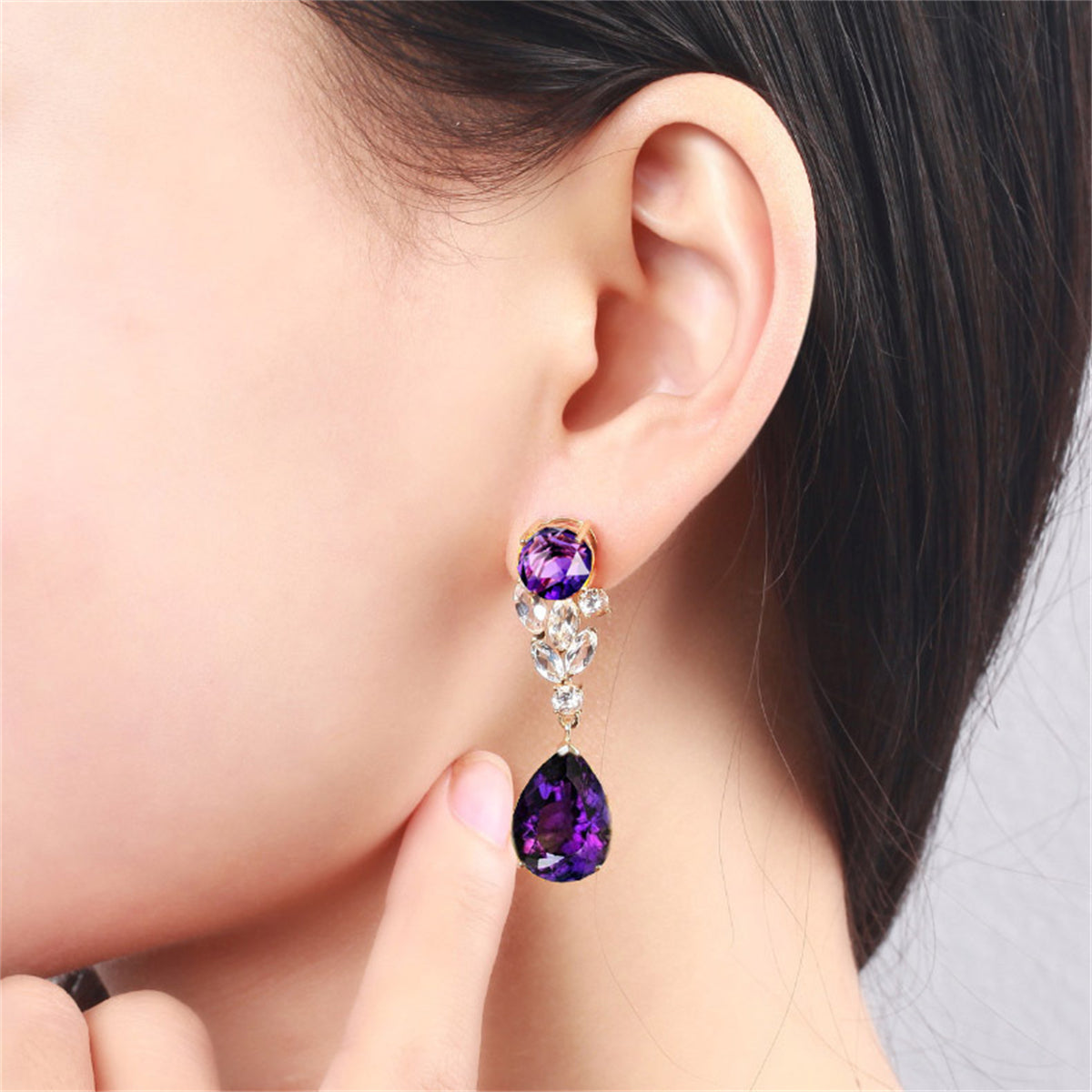 Purple Crystal and 18K Gold-Plated Pear Drop Earrings, gold drop earrings for women, everyday style, lifestyle look