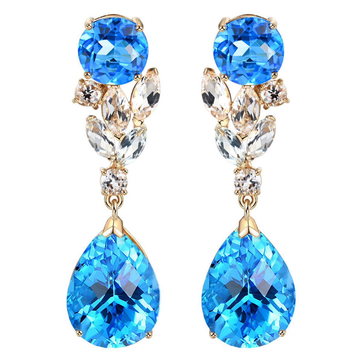 Sea Blue Crystal and 18K Gold-Plated Pear Drop Earrings, gold drop earrings for women, elegant gift for her, lifestyle look