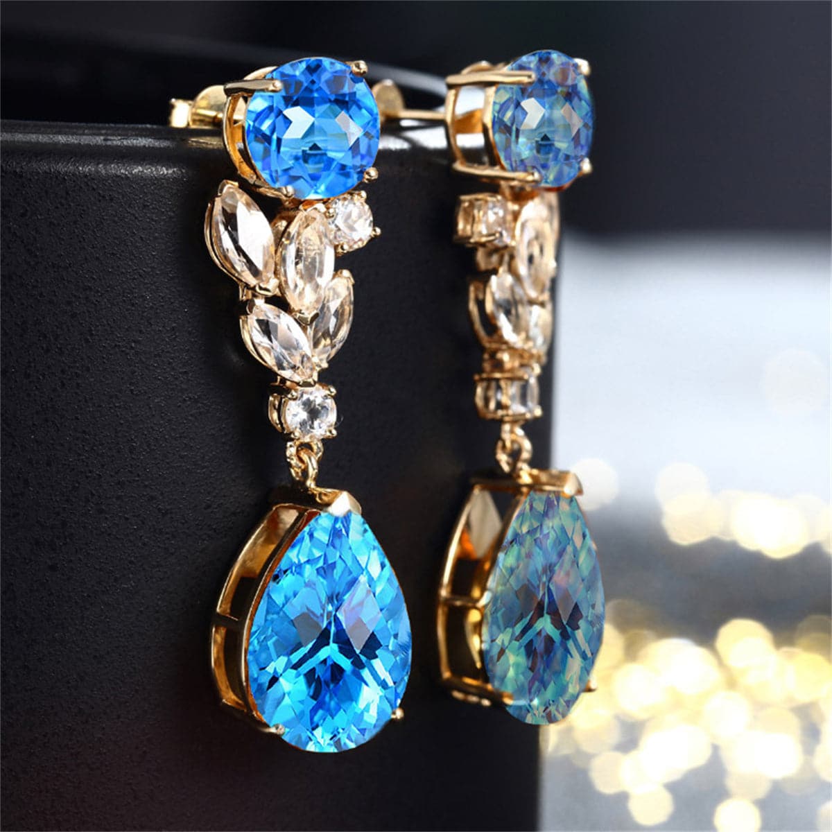Sea Blue Crystal and 18K Gold-Plated Pear Drop Earrings, gold drop earrings for women, elegant gift for her, front view