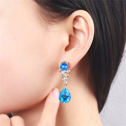 Sea Blue Crystal and 18K Gold-Plated Pear Drop Earrings, gold drop earrings for women, elegant gift for her, side view