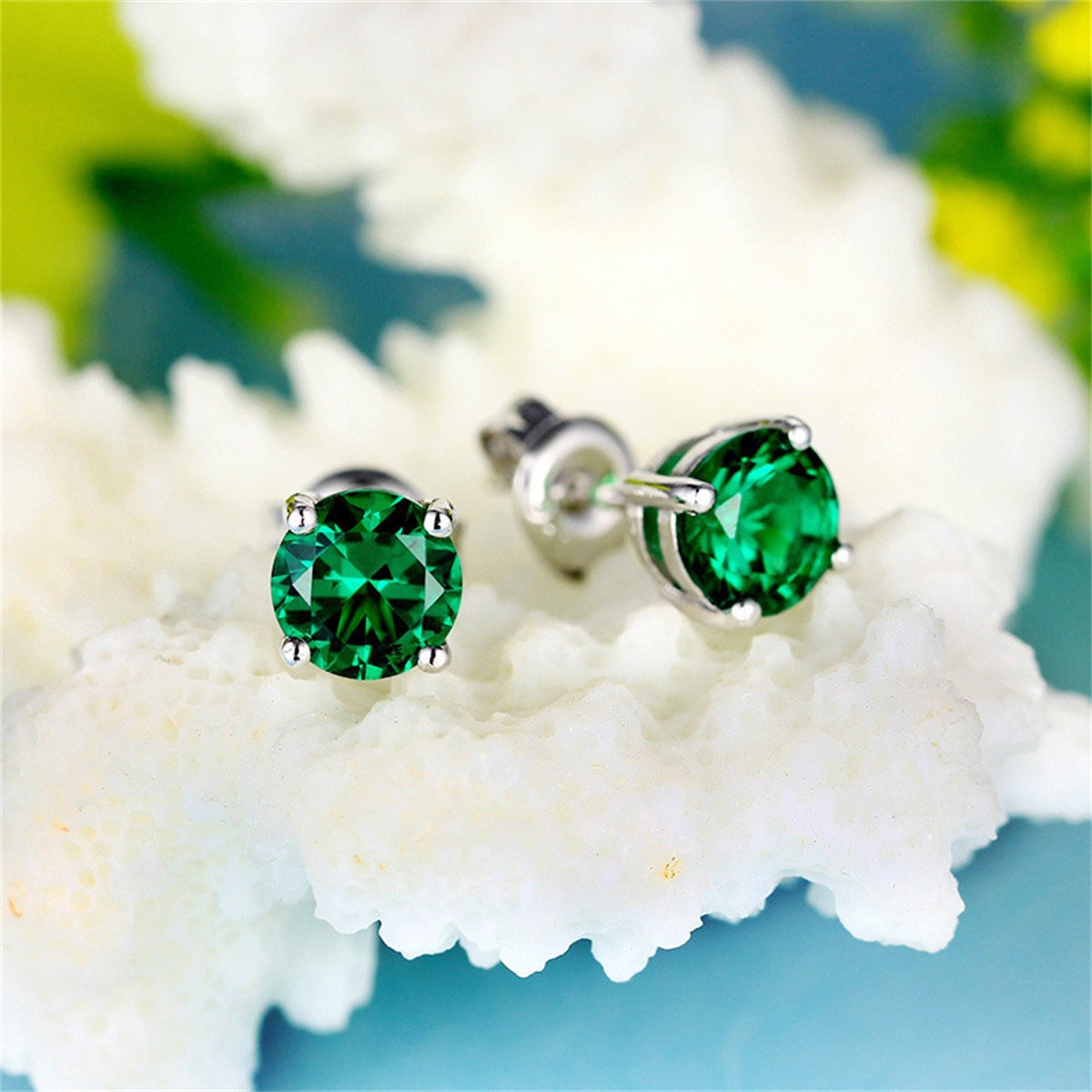 Green Crystal and Silver-Plated Round Stud Earring, silver stud earrings for women, dainty minimalist design, detail close-up