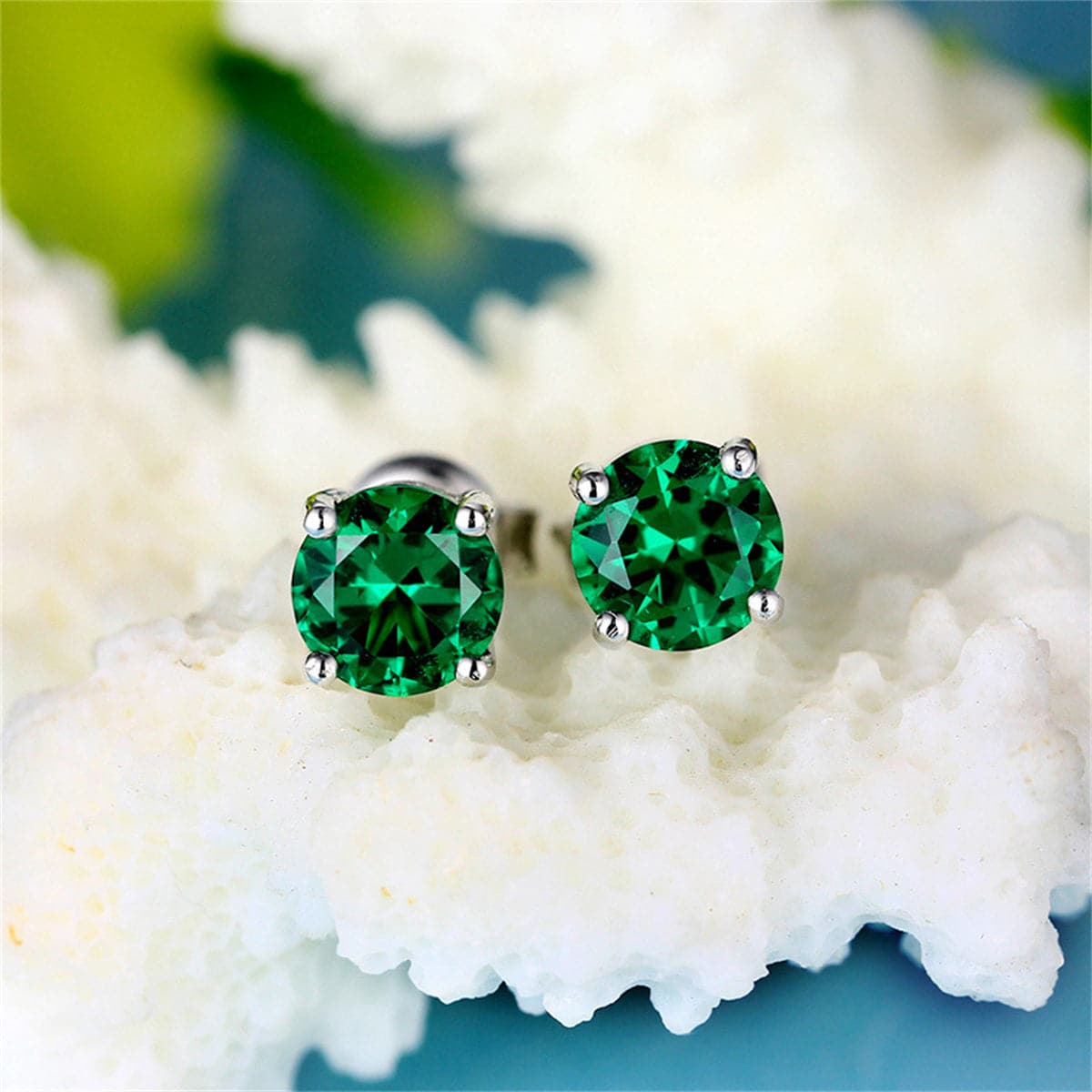 Green Crystal and Silver-Plated Round Stud Earring, silver stud earrings for women, dainty minimalist design, front view